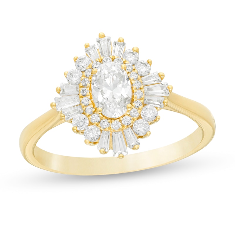 1 CT. T.W. Oval Diamond Double Starburst Frame Engagement Ring in 14K Gold