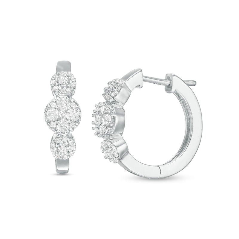 Main Image 1 of 1/2 CT. T.W. Composite Diamond Three Stone Hoop Earrings in 10K White Gold