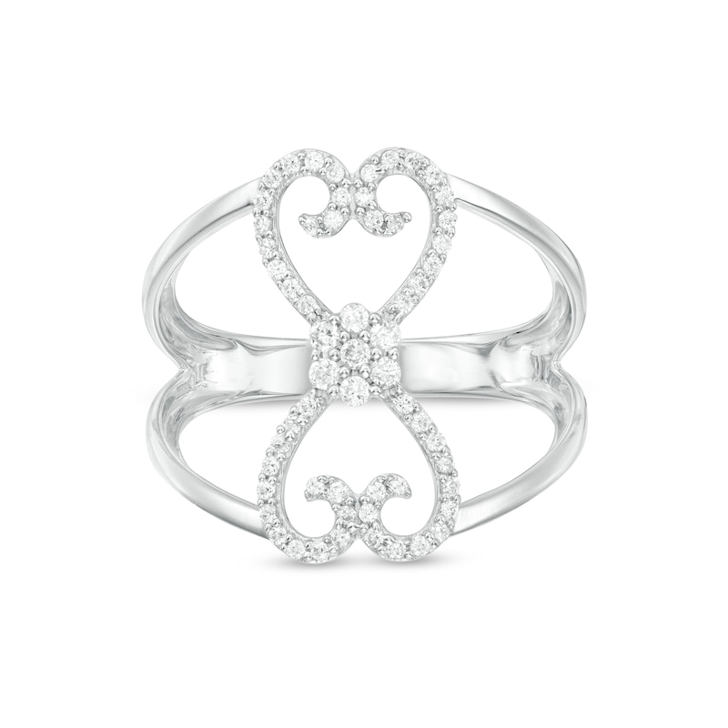 Main Image 1 of 1/4 CT. T.W. Diamond Mirrored Hearts Split Shank Ring in Sterling Silver