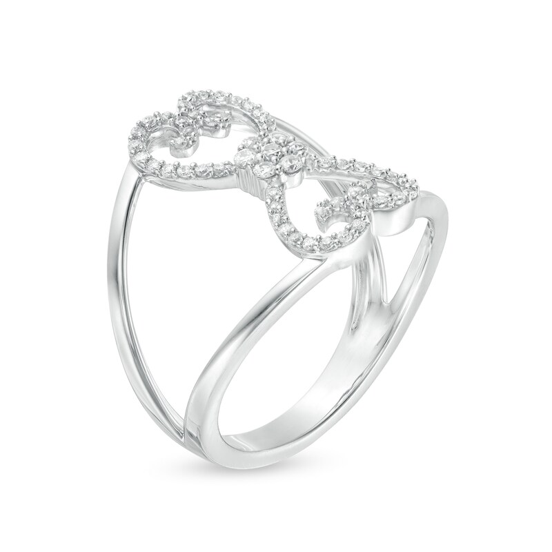 Main Image 3 of 1/4 CT. T.W. Diamond Mirrored Hearts Split Shank Ring in Sterling Silver