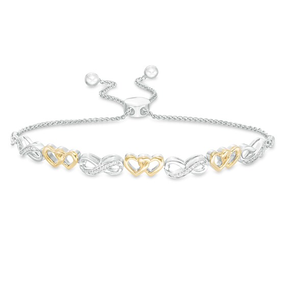 1/20 CT. T.w. Diamond Infinity and Double Heart Bolo Bracelet in Sterling Silver and 10K Gold - 9.5"