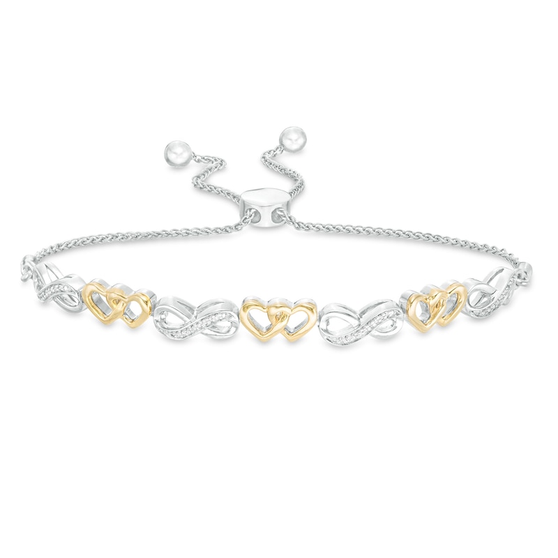 1/20 CT. T.W. Diamond Infinity and Double Heart Bolo Bracelet in Sterling Silver and 10K Gold - 9.5"