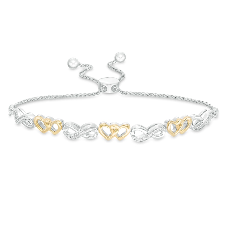 Main Image 1 of 1/20 CT. T.W. Diamond Infinity and Double Heart Bolo Bracelet in Sterling Silver and 10K Gold - 9.5"