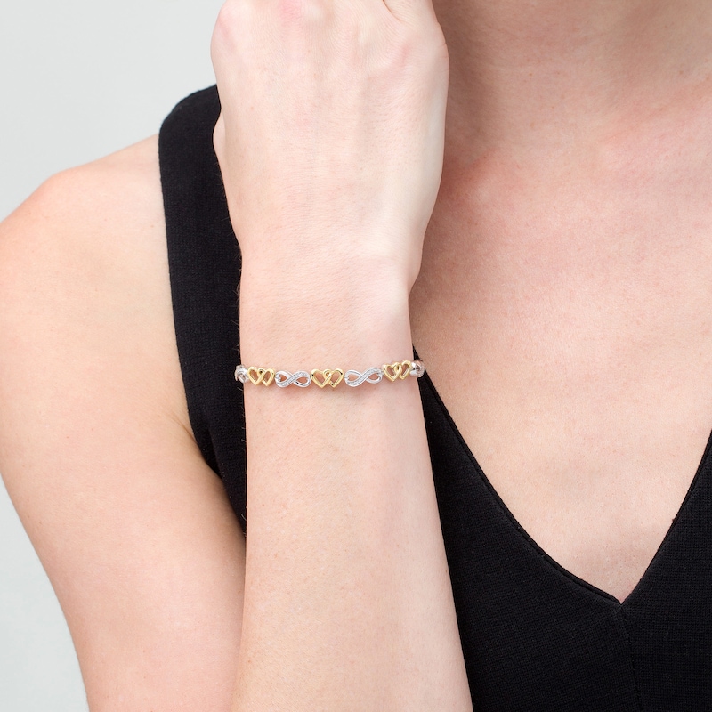 Main Image 2 of 1/20 CT. T.W. Diamond Infinity and Double Heart Bolo Bracelet in Sterling Silver and 10K Gold - 9.5"