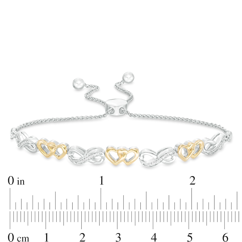 Main Image 3 of 1/20 CT. T.W. Diamond Infinity and Double Heart Bolo Bracelet in Sterling Silver and 10K Gold - 9.5"