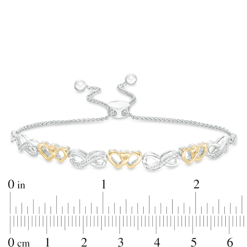 1/20 CT. T.W. Diamond Infinity and Double Heart Bolo Bracelet in Sterling Silver and 10K Gold - 9.5"