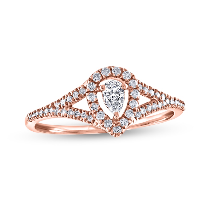 Main Image 1 of 1/3 CT. T.W. Pear-Shaped Diamond Frame Split Shank Engagement Ring in 10K Rose Gold