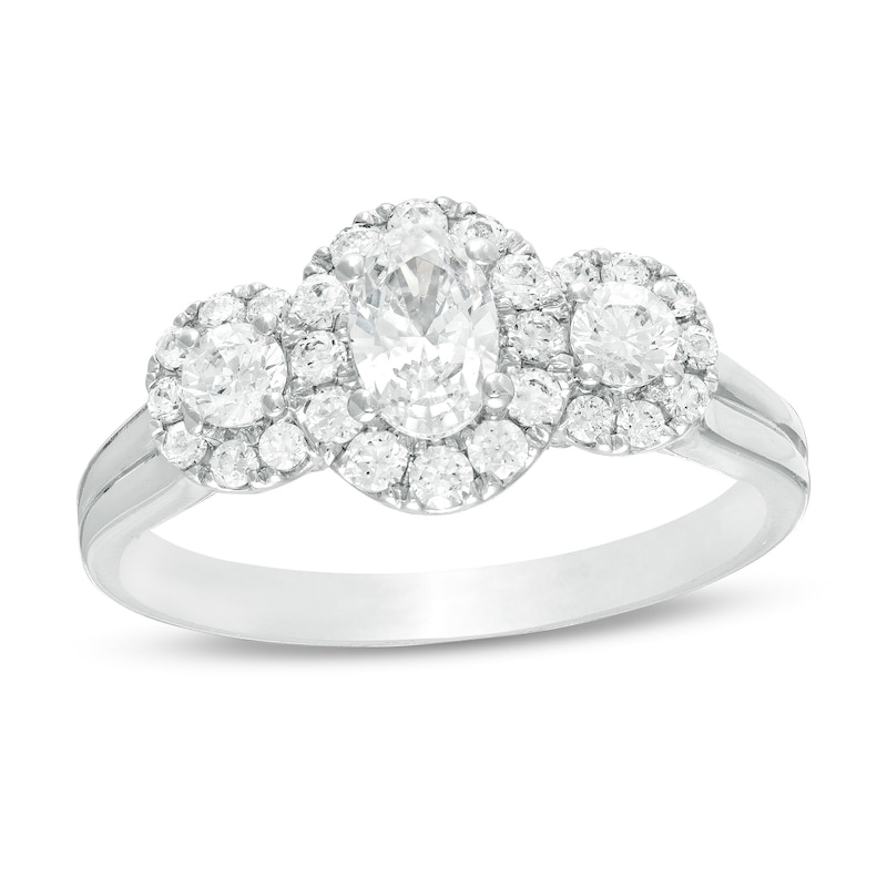 Main Image 1 of Celebration Ideal 1 CT. T.W. Oval Certified Diamond Frame Three Stone Engagement Ring in 14K White Gold (I/I1)