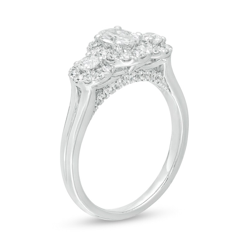 Main Image 3 of Celebration Ideal 1 CT. T.W. Oval Certified Diamond Frame Three Stone Engagement Ring in 14K White Gold (I/I1)