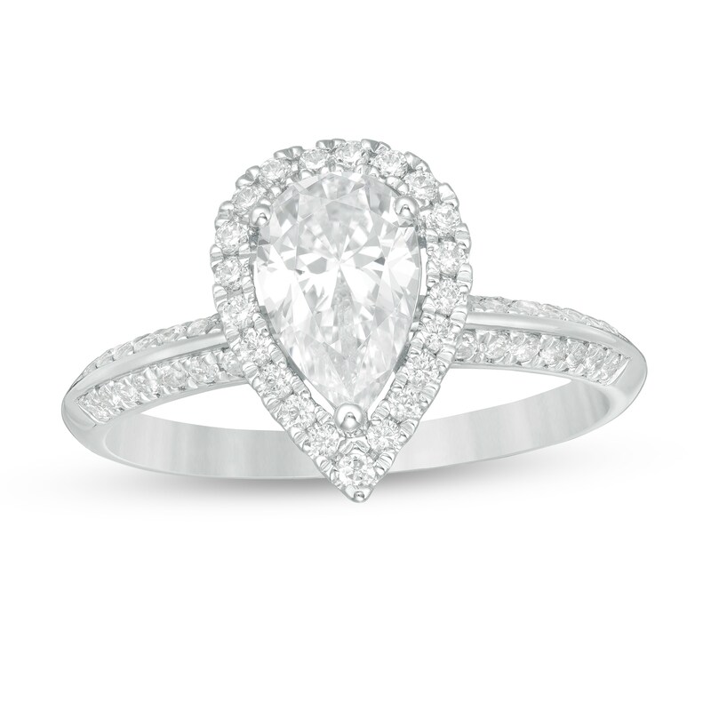 Main Image 1 of 1-1/3 CT. T.W. Certified Pear-Shaped Diamond Frame Engagement Ring in 14K White Gold (I/SI2)