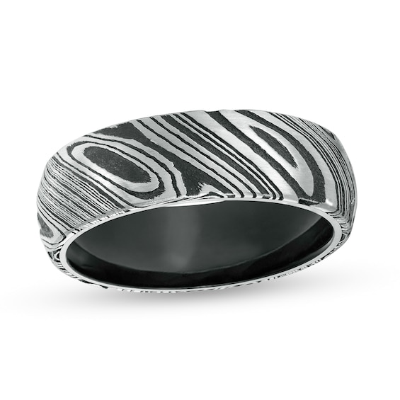 Triton 7.0mm Comfort Fit Two-Tone Damascus Stainless Steel Wedding Band in Tungsten