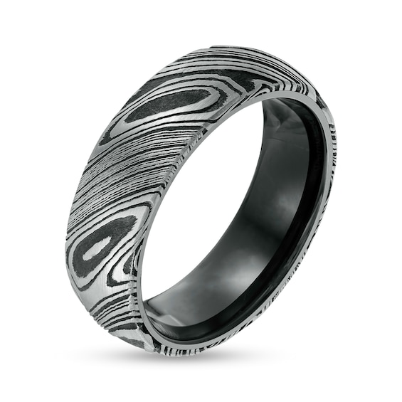 Triton 7.0mm Comfort Fit Two-Tone Damascus Stainless Steel Wedding Band in Tungsten