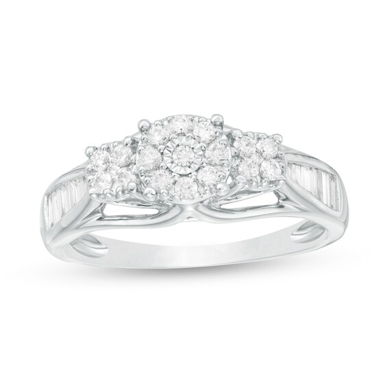 1/3 CT. T.w. Baguette and Round Composite Diamond Three Stone Ring in 10K White Gold