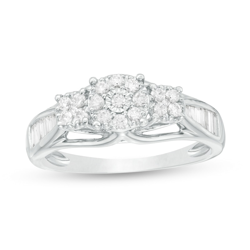 1/3 CT. T.W. Baguette and Round Composite Diamond Three Stone Ring in 10K White Gold