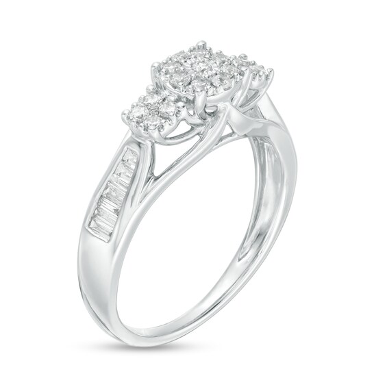 1/3 CT. T.w. Baguette and Round Composite Diamond Three Stone Ring in 10K White Gold