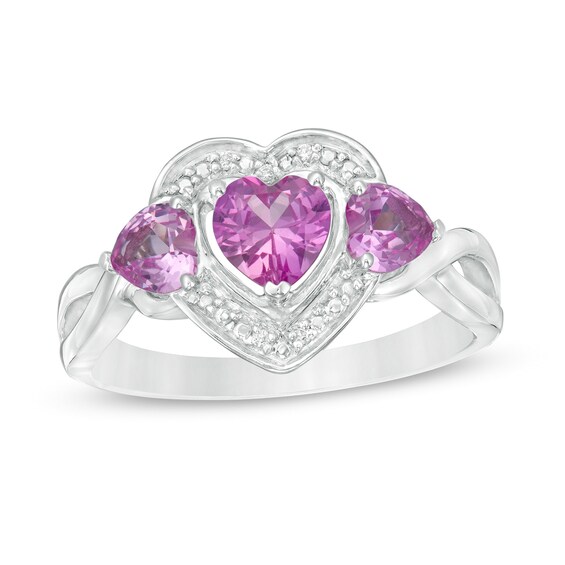 Heart-Shaped Lab-Created Pink Sapphire and Diamond Accent Frame Split Shank Ring in Sterling Silver Heart-Shaped Lab-Created Pink Sapphire and Diamond Accent Frame Split Shank Ring in Sterling Silver
