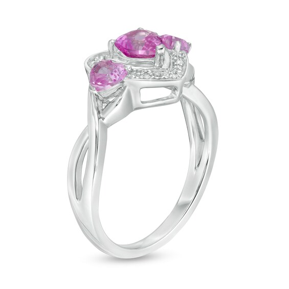 Heart-Shaped Lab-Created Pink Sapphire and Diamond Accent Frame Split Shank Ring in Sterling Silver Heart-Shaped Lab-Created Pink Sapphire and Diamond Accent Frame Split Shank Ring in Sterling Silver
