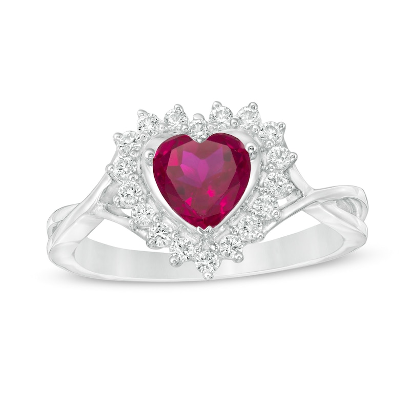 Main Image 1 of 6.0mm Heart-Shaped Lab-Created Ruby and White Sapphire Shadow Frame Ring in Sterling Silver