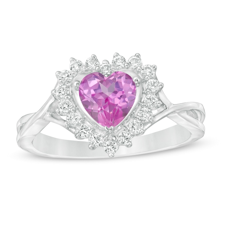 6.0mm Heart-Shaped Lab-Created Pink and White Sapphire Shadow Frame Ring in Sterling Silver