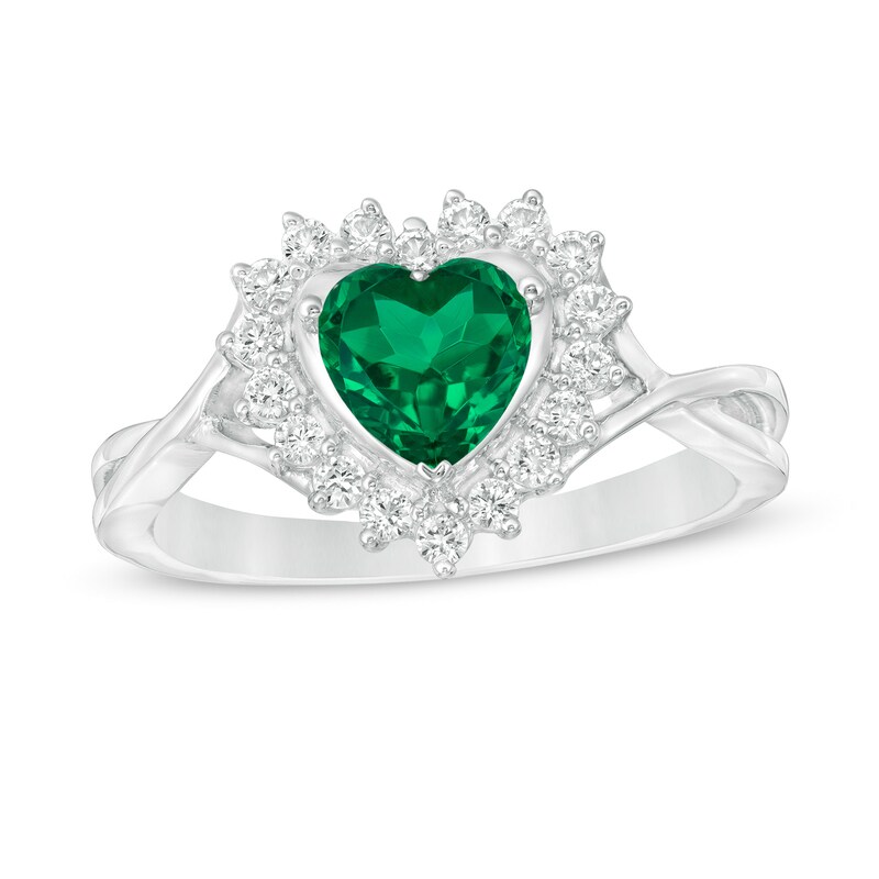 6.0mm Heart-Shaped Lab-Created Emerald and White Sapphire Shadow Frame Ring in Sterling Silver