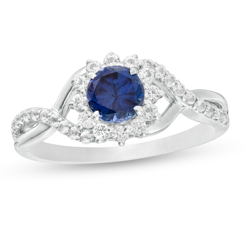 5.0mm Lab-Created Blue and White Sapphire Flower Frame Split Shank Ring in Sterling Silver