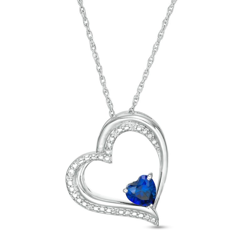 Main Image 1 of 5.0mm Blue Lab-Created Sapphire and Diamond Accent Tilted Heart Pendant in Sterling Silver