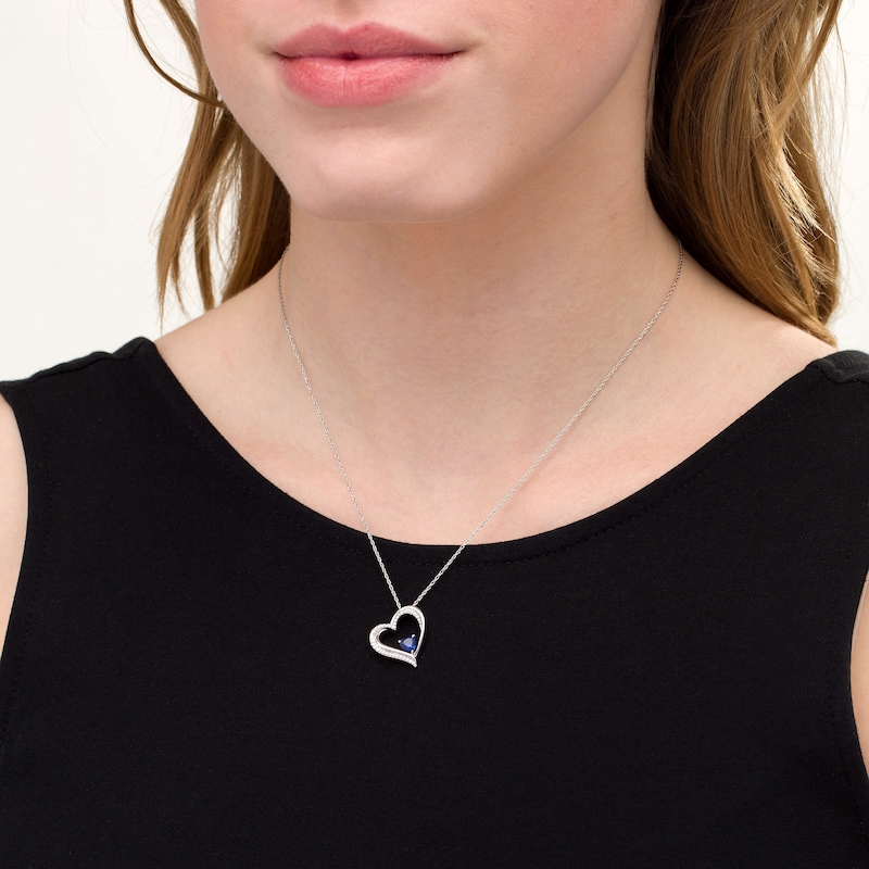 5.0mm Blue Lab-Created Sapphire and Diamond Accent Tilted Heart Pendant in Sterling Silver