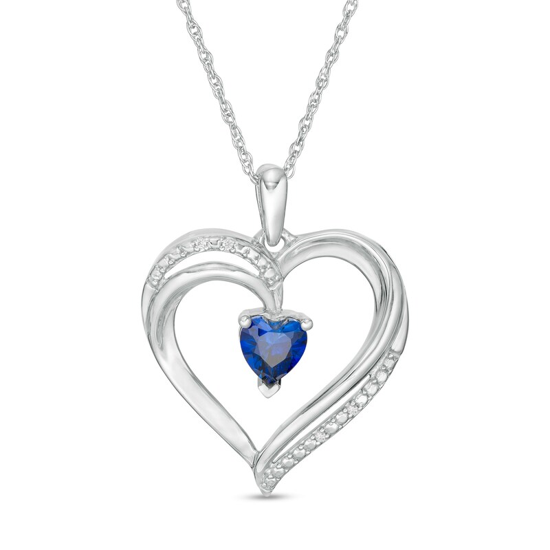 Main Image 1 of 5.0mm Lab-Created Blue Sapphire and Diamond Accent Heart Pendant in Sterling Silver