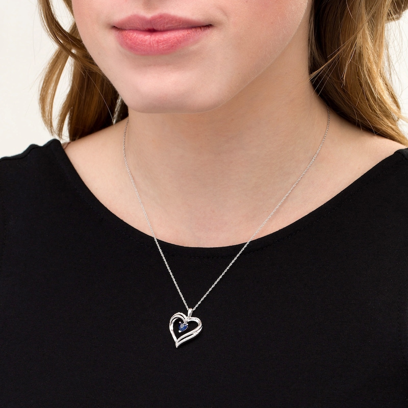 Main Image 2 of 5.0mm Lab-Created Blue Sapphire and Diamond Accent Heart Pendant in Sterling Silver