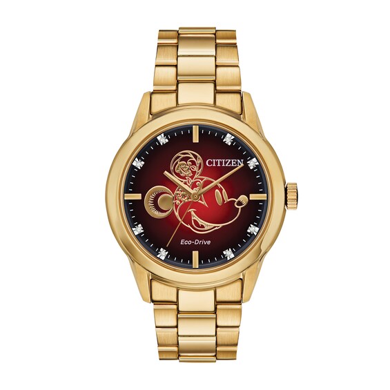Men's Citizen Eco-DriveÂ® Mickey Mouse Limited Edition Diamond Accent Gold-Tone Watch with Red Dial (Model: Fe7082-53W)