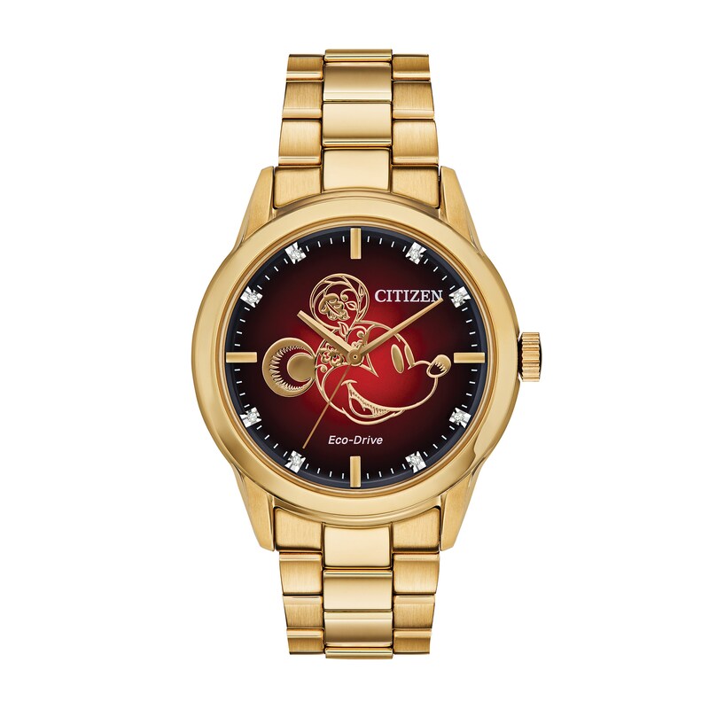 Men's Citizen Eco-Drive® Mickey Mouse Limited Edition Diamond Accent Gold-Tone Watch with Red Dial (Model: FE7082-53W)