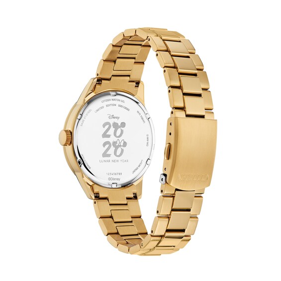Men's Citizen Eco-DriveÂ® Mickey Mouse Limited Edition Diamond Accent Gold-Tone Watch with Red Dial (Model: Fe7082-53W)