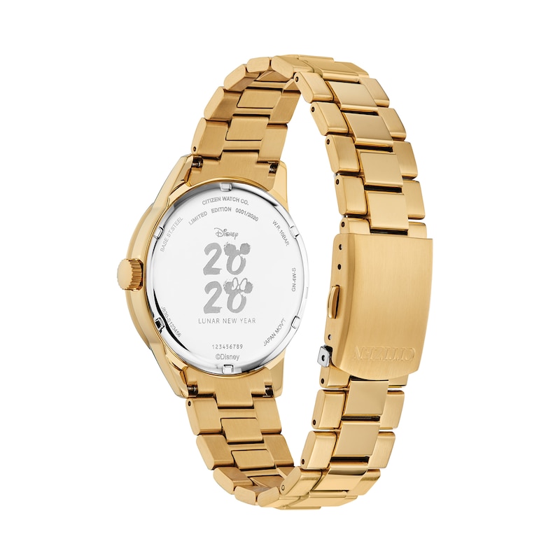 Main Image 3 of Men's Citizen Eco-Drive® Mickey Mouse Limited Edition Diamond Accent Gold-Tone Watch with Red Dial (Model: FE7082-53W)