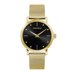 Ladies' Caravelle by Bulova Crystal Accent Gold-Tone Mesh Watch with Black Dial (Model: 44L256)