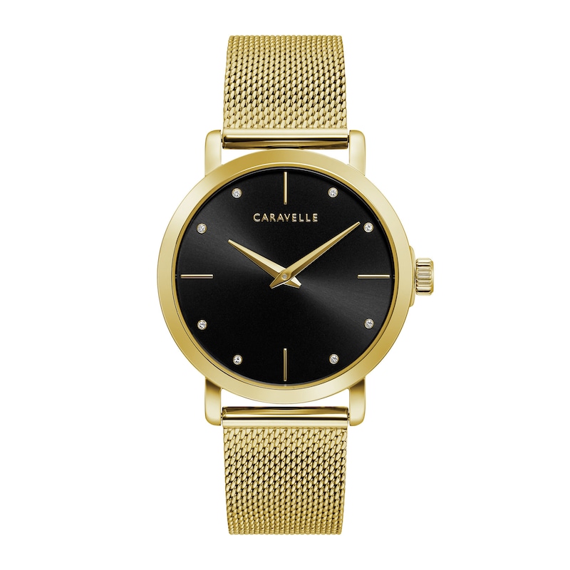 Ladies' Caravelle by Bulova Crystal Accent Gold-Tone Mesh Watch with Black Dial (Model: 44L256)
