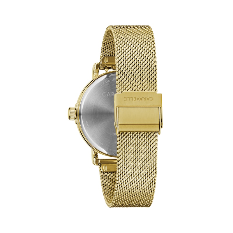Main Image 3 of Ladies' Caravelle by Bulova Crystal Accent Gold-Tone Mesh Watch with Black Dial (Model: 44L256)