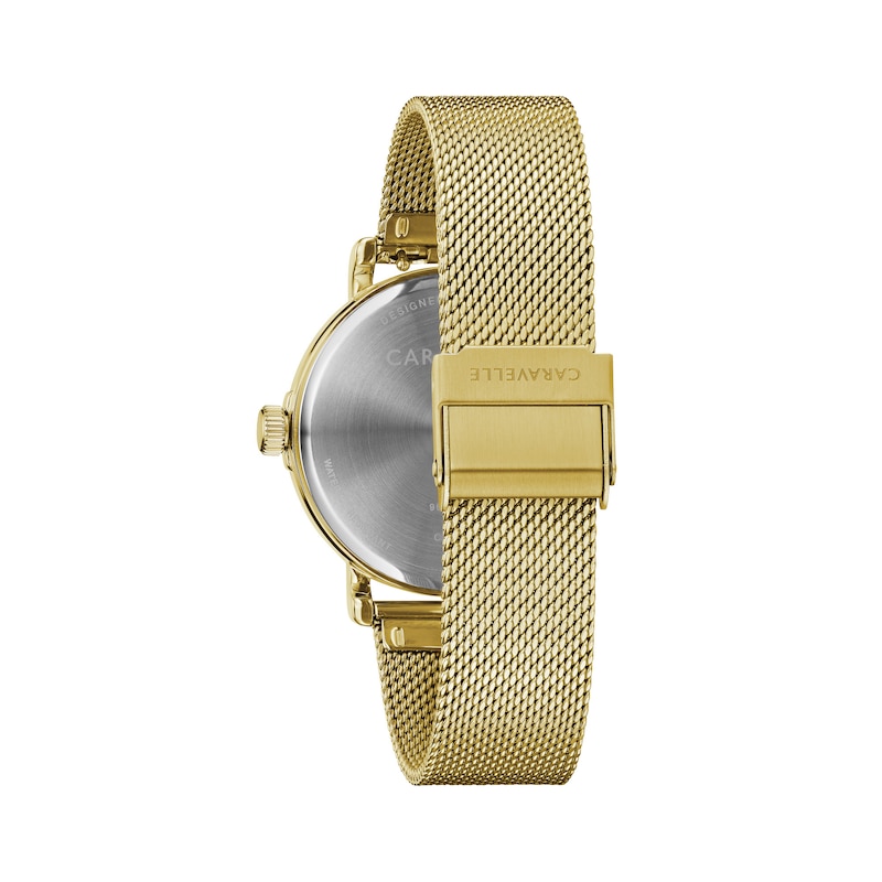 Ladies' Caravelle by Bulova Crystal Accent Gold-Tone Mesh Watch with Black Dial (Model: 44L256)