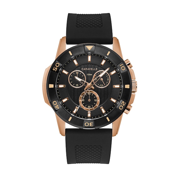 Caravelle Sport Chronograph Mens Watch, Stainless Steel with Black Silicone Strap, Rose Gold-Tone (Model: 45B157)