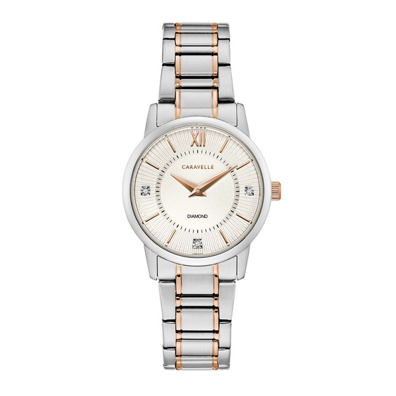 Ladies' Caravelle by Bulova Diamond Accent Two-Tone Watch with White Dial (Model: 45P110) Ladies' Caravelle by Bulova Diamond Accent Two-Tone Watch with White Dial (Model: 45P110)