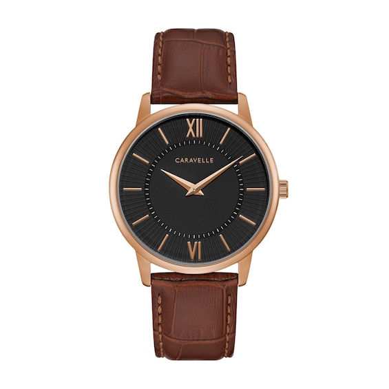 Men's Caravelle by Bulova Rose-Tone Strap Watch with Black Dial (Model: 44A115)