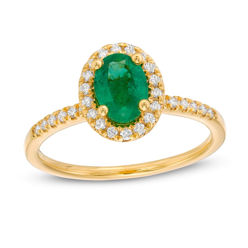 Main Image 1 of Oval Emerald and 1/5 CT. T.W. Diamond Frame Engagement Ring in 14K Gold