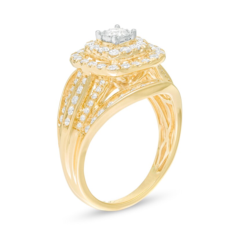 1 CT. T.W. Diamond Double Cushion Frame Multi-Row Engagement Ring in 10K Gold