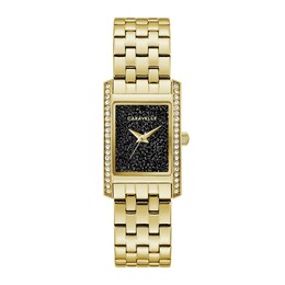 Ladies' Caravelle by Bulova Crystal Accent Gold-Tone Watch with Rectangular Black Dial (Model: 44L253)