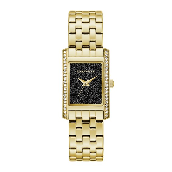 Ladies' Caravelle by Bulova Crystal Accent Gold-Tone Watch with Rectangular Black Dial (Model: 44L253) Ladies' Caravelle by Bulova Crystal Accent Gold-Tone Watch with Rectangular Black Dial (Model: 44L253)