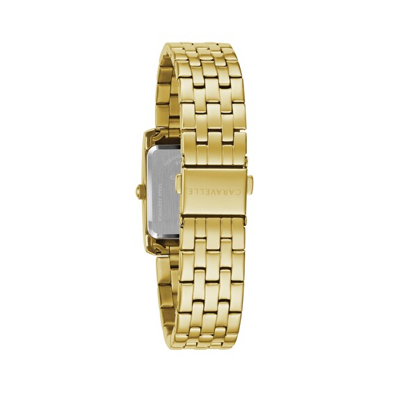 Ladies' Caravelle by Bulova Crystal Accent Gold-Tone Watch with Rectangular Black Dial (Model: 44L253) Ladies' Caravelle by Bulova Crystal Accent Gold-Tone Watch with Rectangular Black Dial (Model: 44L253)