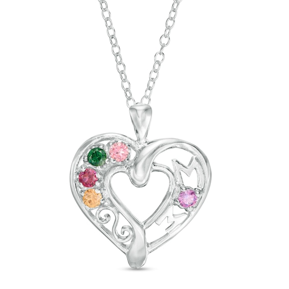 Mother's Birthstone Mom Filigree Loop Heart Pendant (2-7 Stones)