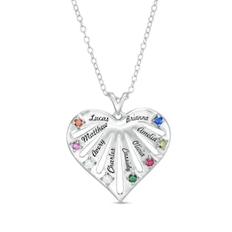 Mother's Birthstone Engravable Name Cut-Out Fan Heart Pendant (2-8 Stones and Names)