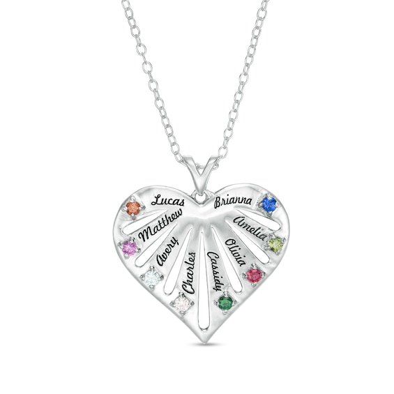 Mother's Birthstone Engravable Name Cut-Out Fan Heart Pendant (2-8 Stones and Names)