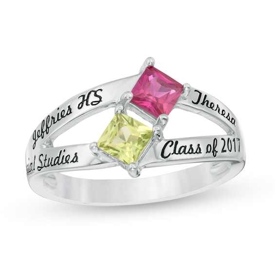 4.0mm Princess-Cut Birthstone Engravable Split Shank Class Ring (2 Stones and 4 Lines)