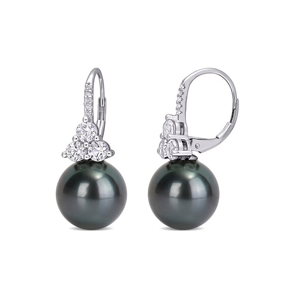 Black Cultured Tahitian Pearl, Lab-Created White Sapphire and 1/20 CT. T.W. Diamond Drop Earrings in 10K White Gold Black Cultured Tahitian Pearl, Lab-Created White Sapphire and 1/20 CT. T.W. Diamond Drop Earrings in 10K White Gold